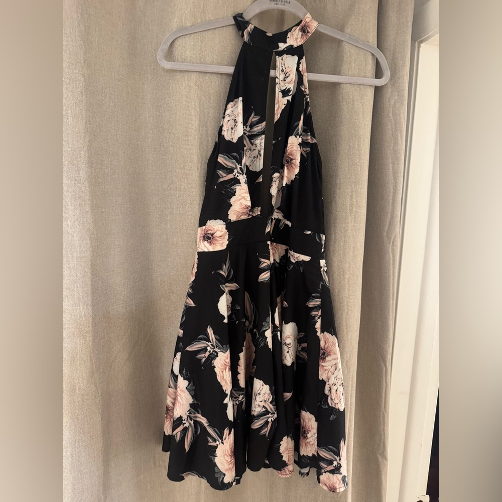 Charlotte Russe Black Floral Backless Halter Dress